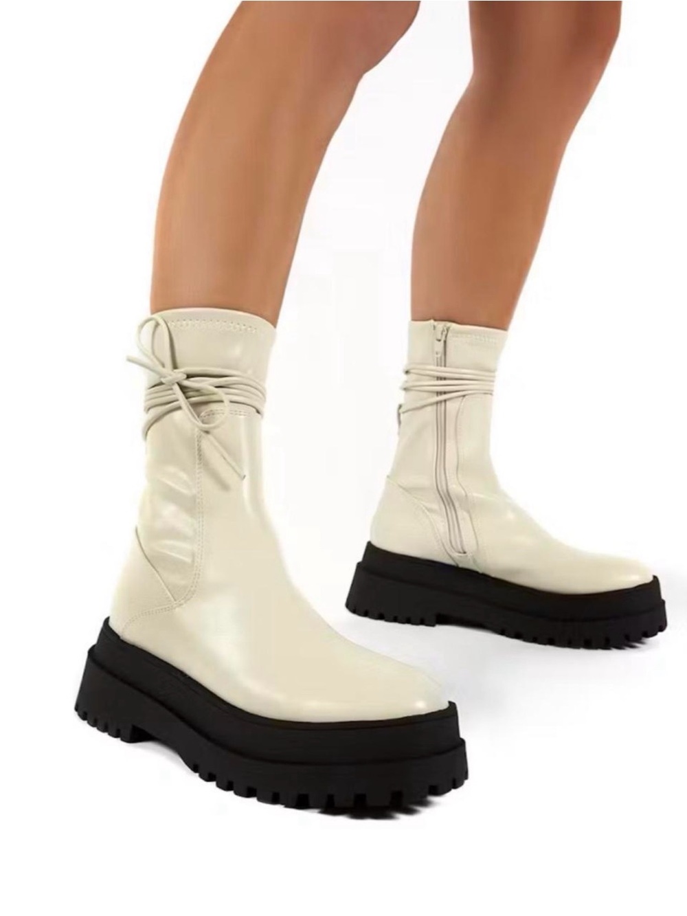 Women's Cream Lace-Up Ankle Boots with Black Platform